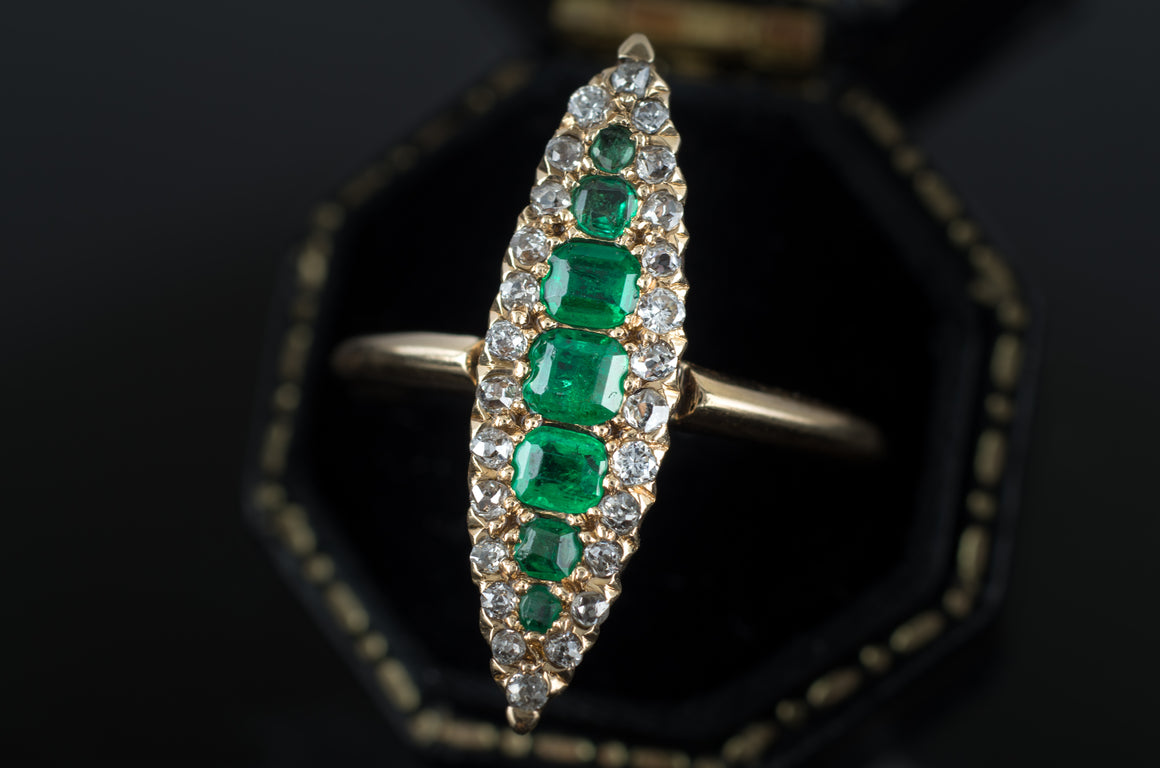 EMERALD AND OLD CUT DIAMOND NAVETTE RING - SinCityFinds Jewelry