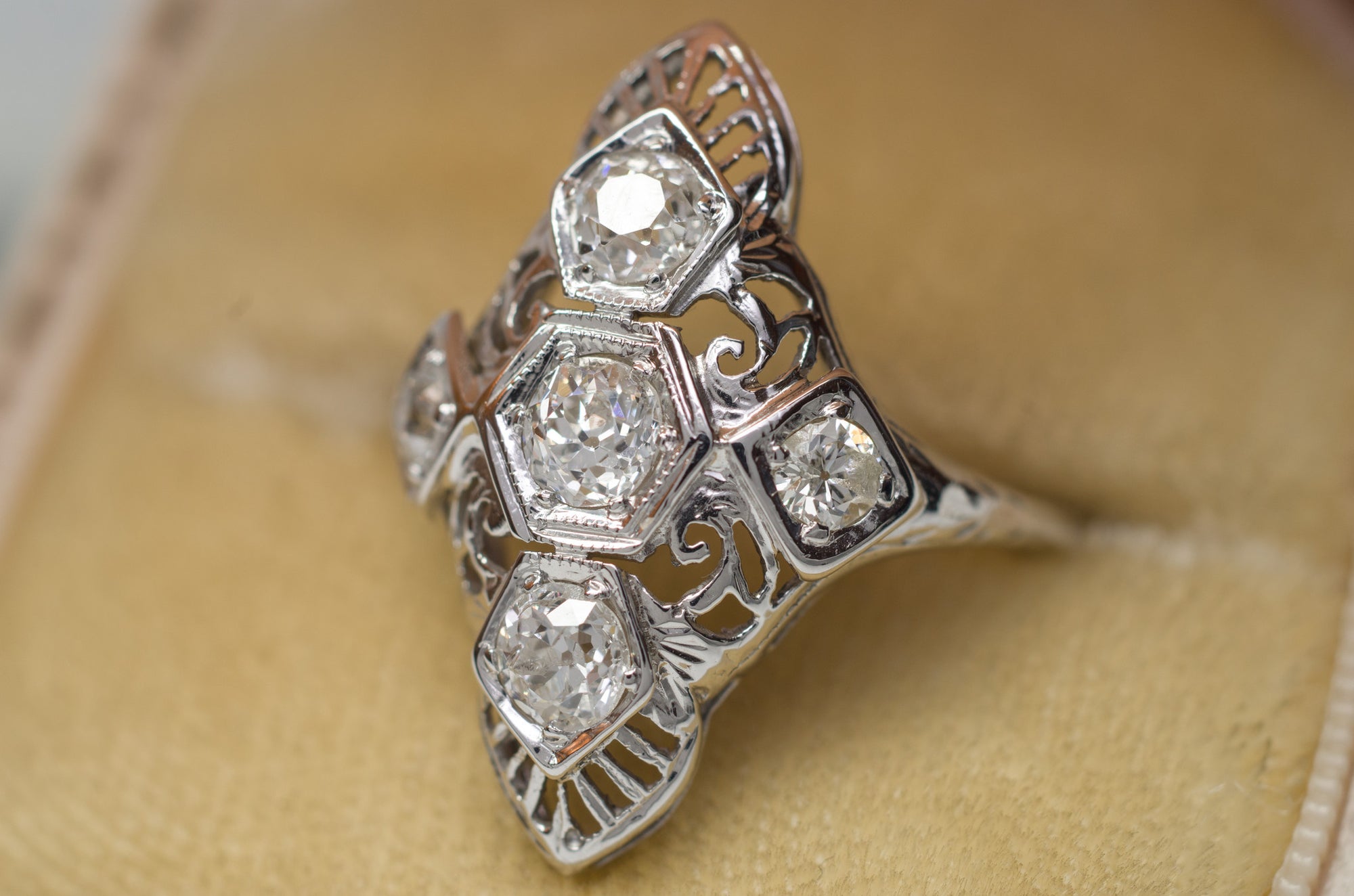 0.76CTW VINTAGE NAVETTE STYLE OLD MINE CUT 5 DIAMOND RING - SinCityFinds Jewelry