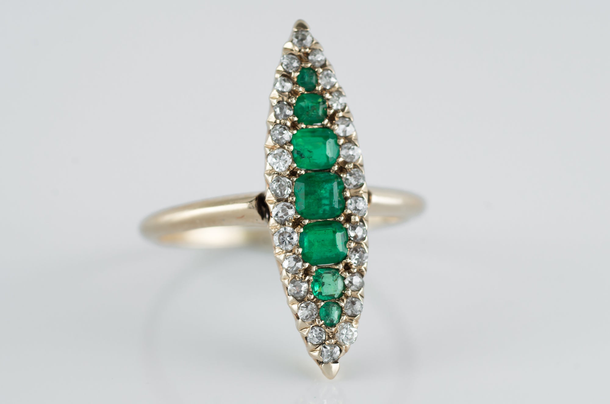 EMERALD AND OLD CUT DIAMOND NAVETTE RING - SinCityFinds Jewelry