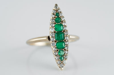 EMERALD AND OLD CUT DIAMOND NAVETTE RING - SinCityFinds Jewelry