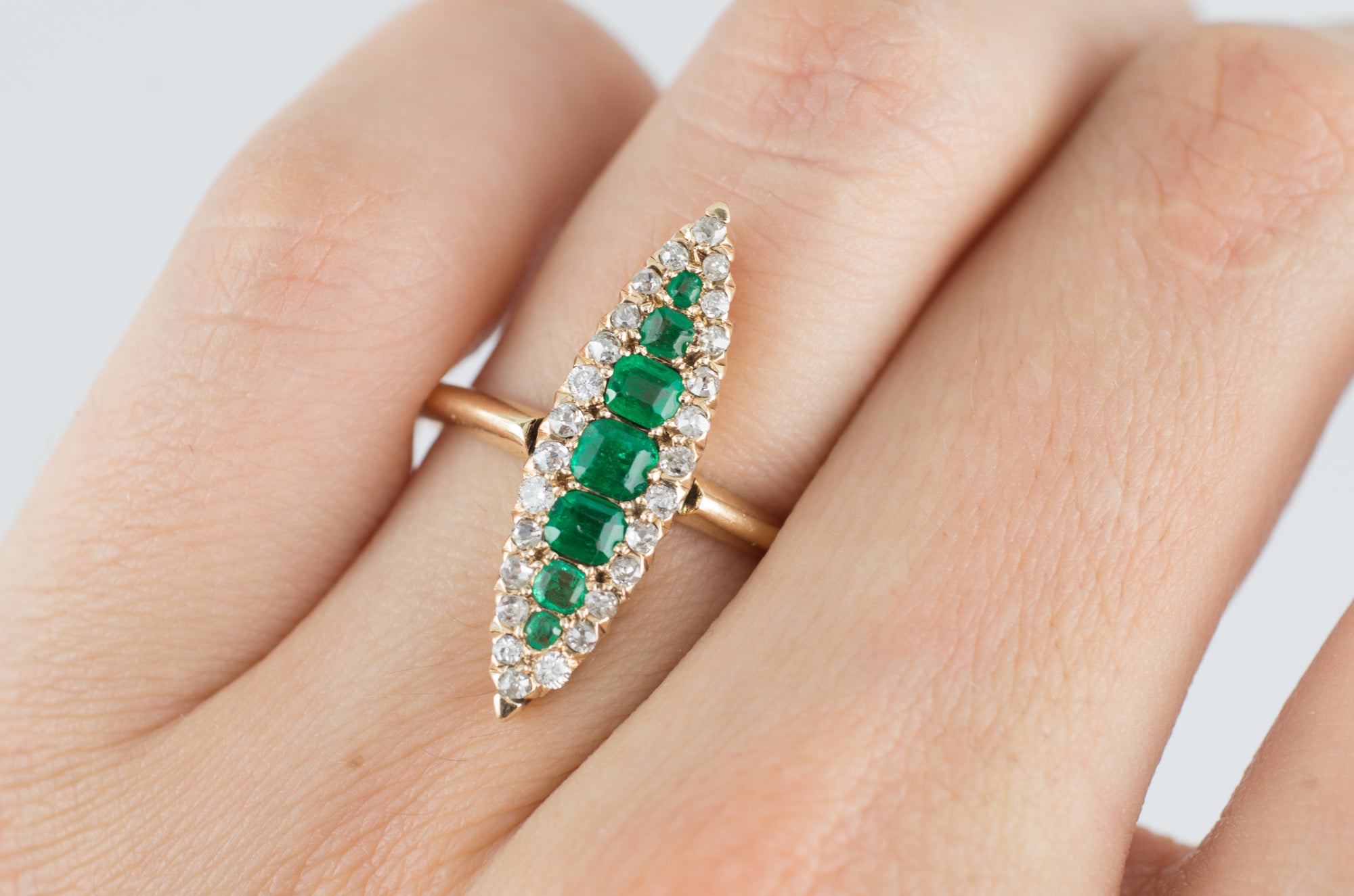 EMERALD AND OLD CUT DIAMOND NAVETTE RING - SinCityFinds Jewelry