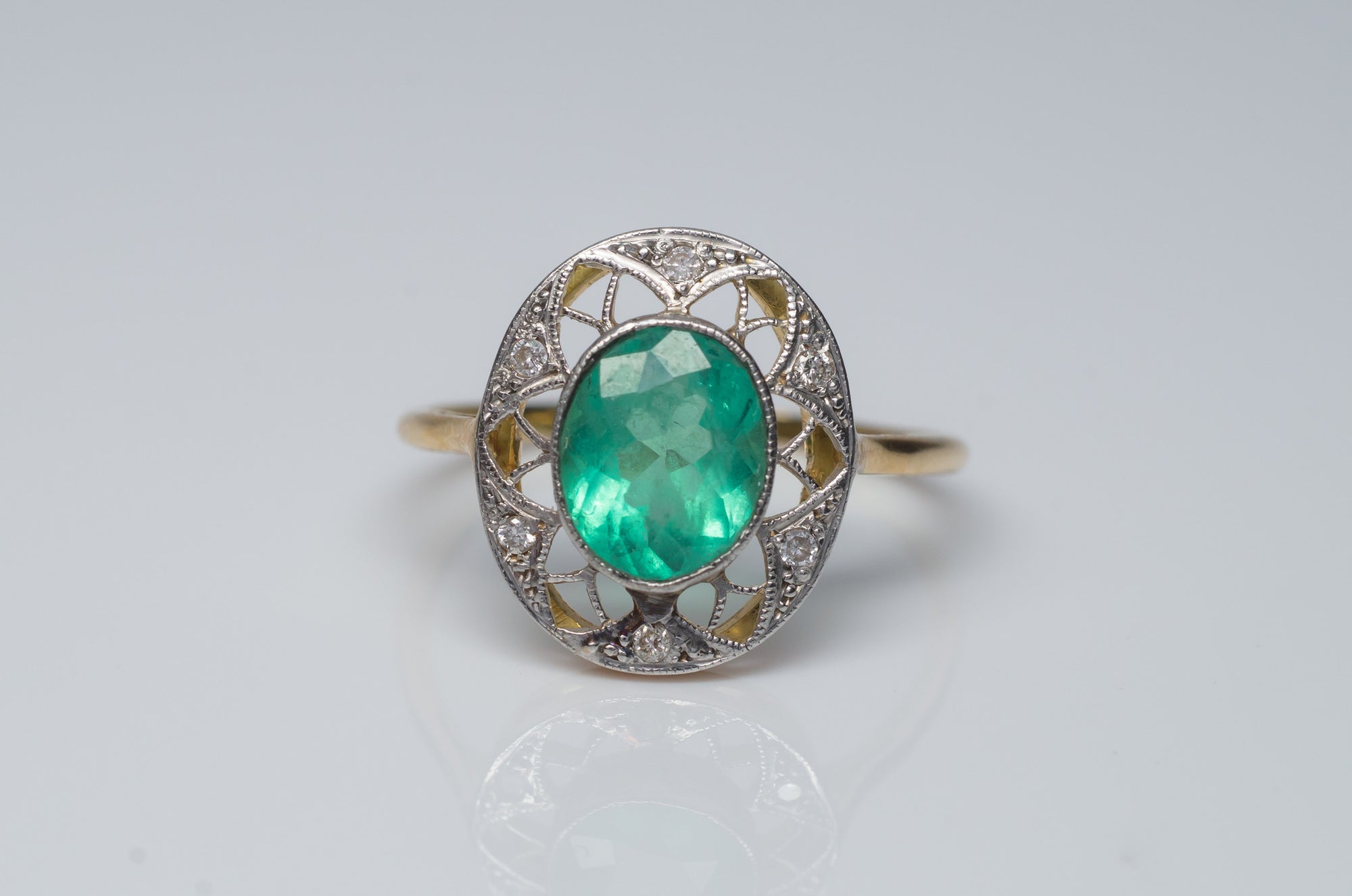 ANTIQUE NOUVEAU EMERALD AND DIAMOND RING - SinCityFinds Jewelry