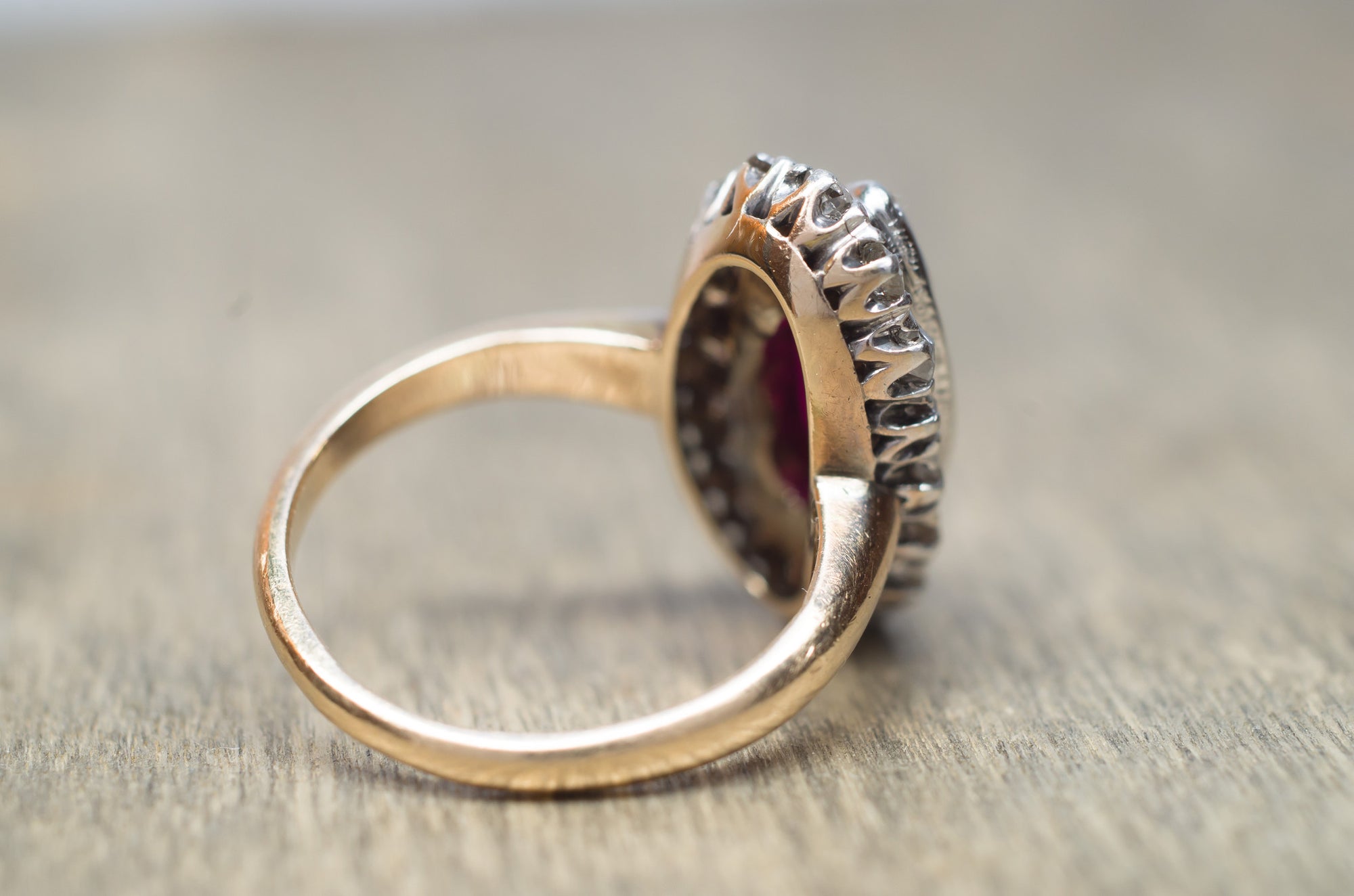 VINTAGE OLD MINE CUT HALO AND SYNTHETIC RUBY RING - SinCityFinds Jewelry