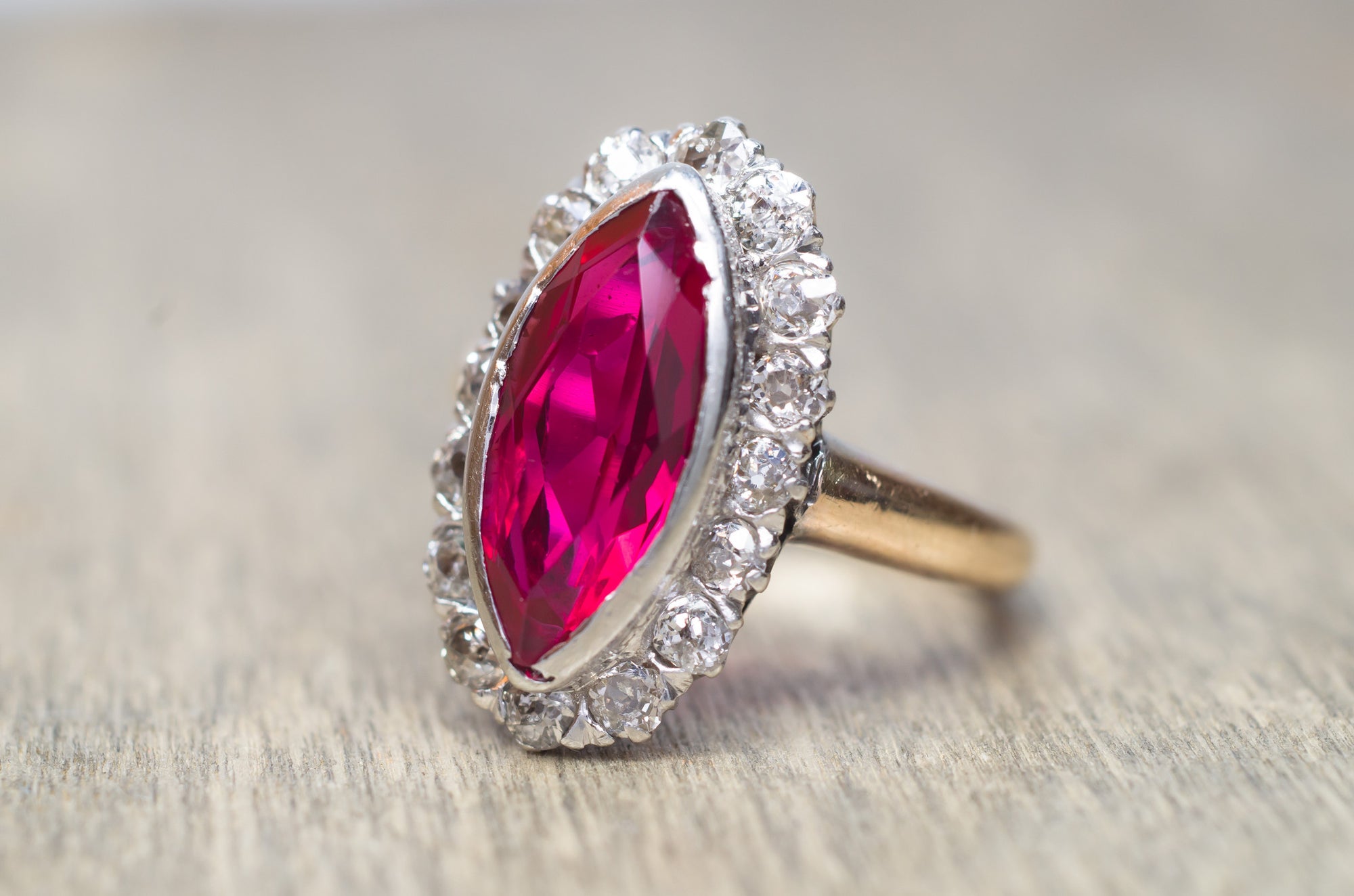 VINTAGE OLD MINE CUT HALO AND SYNTHETIC RUBY RING - SinCityFinds Jewelry