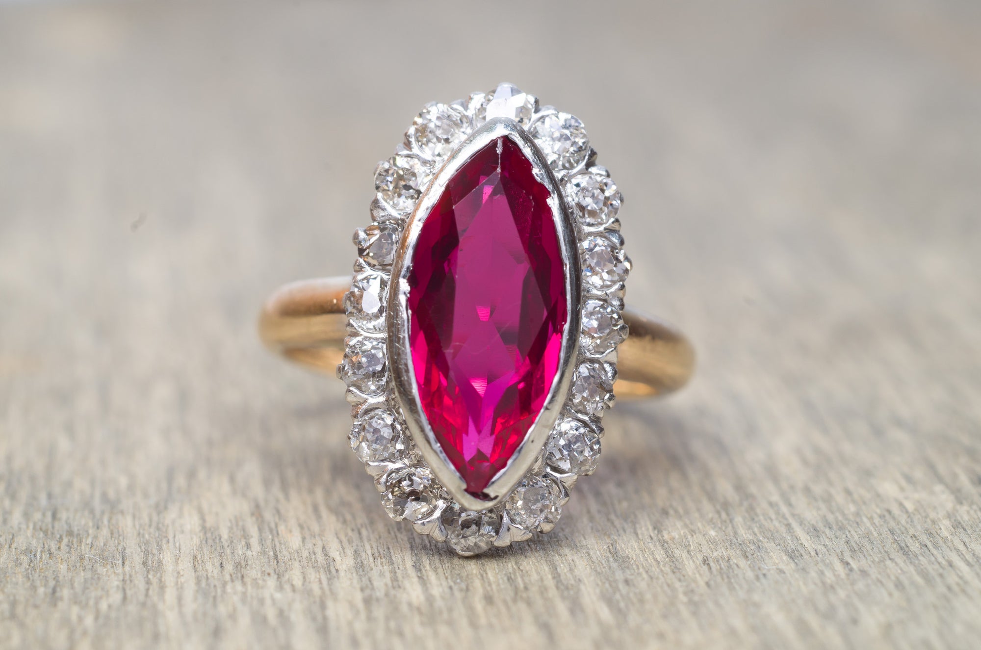 VINTAGE OLD MINE CUT HALO AND SYNTHETIC RUBY RING - SinCityFinds Jewelry