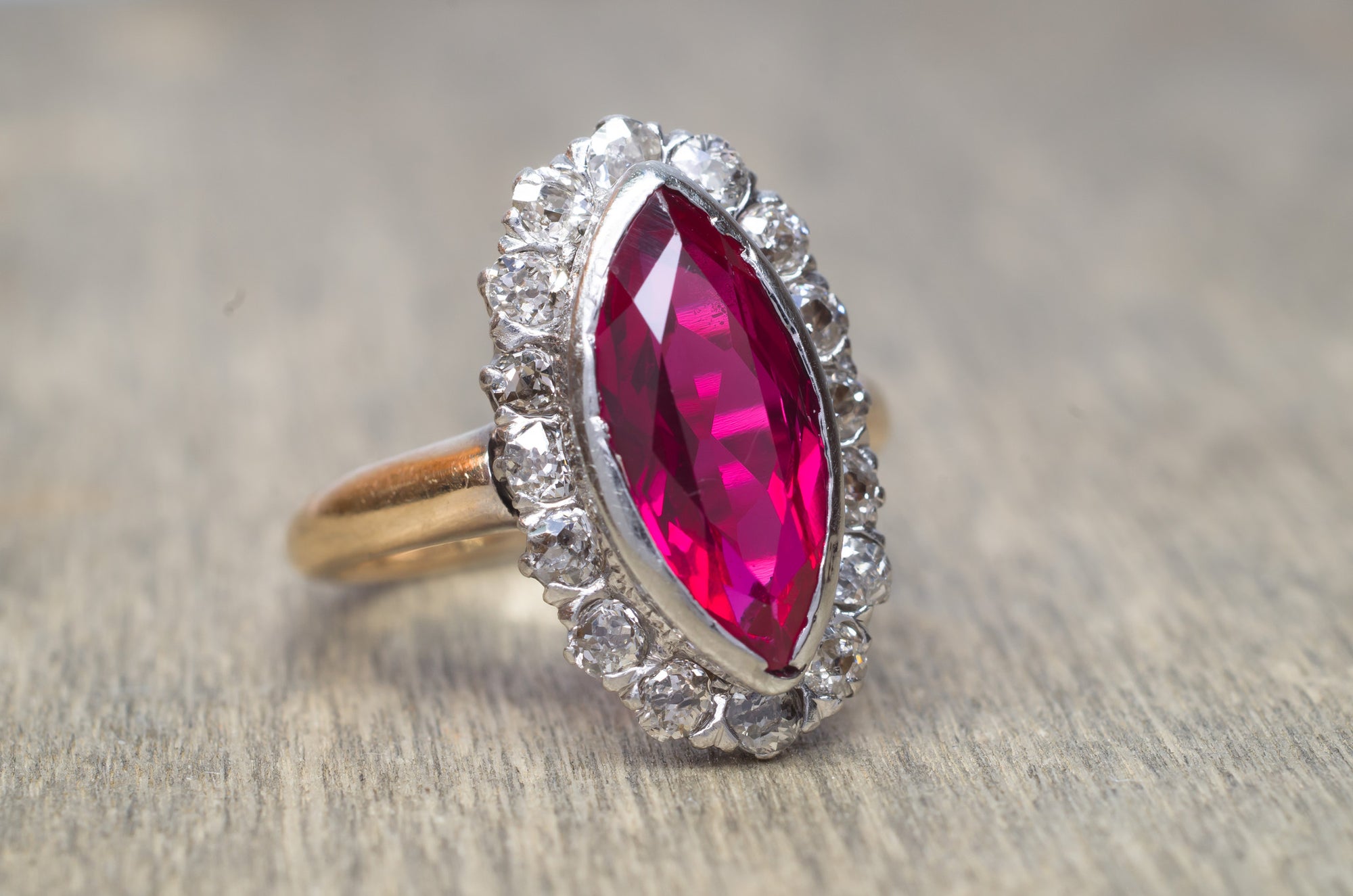 VINTAGE OLD MINE CUT HALO AND SYNTHETIC RUBY RING - SinCityFinds Jewelry