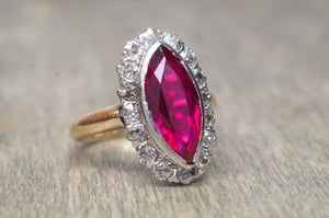 VINTAGE OLD MINE CUT HALO AND SYNTHETIC RUBY RING - SinCityFinds Jewelry