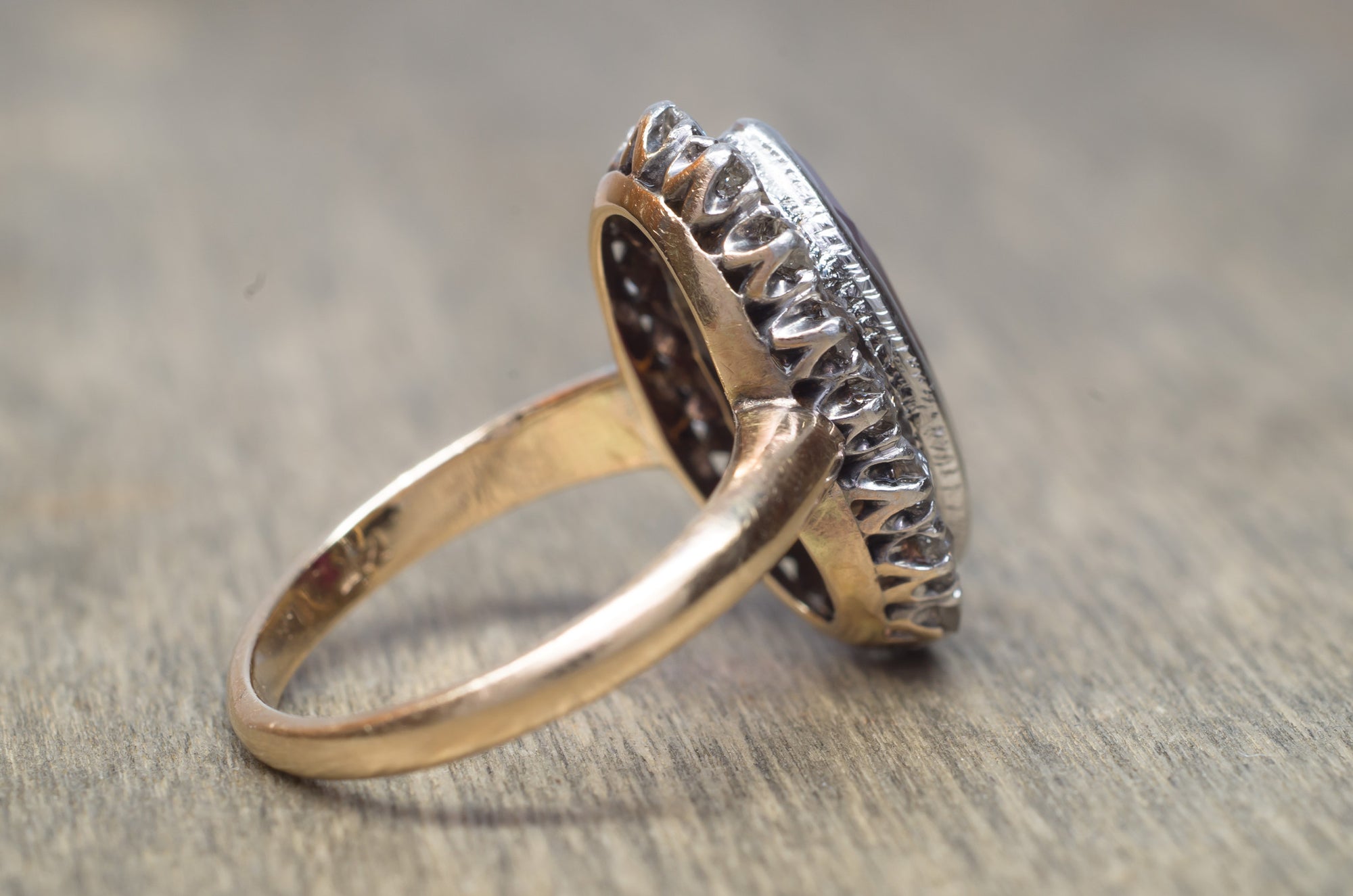 VINTAGE OLD MINE CUT HALO AND SYNTHETIC RUBY RING - SinCityFinds Jewelry