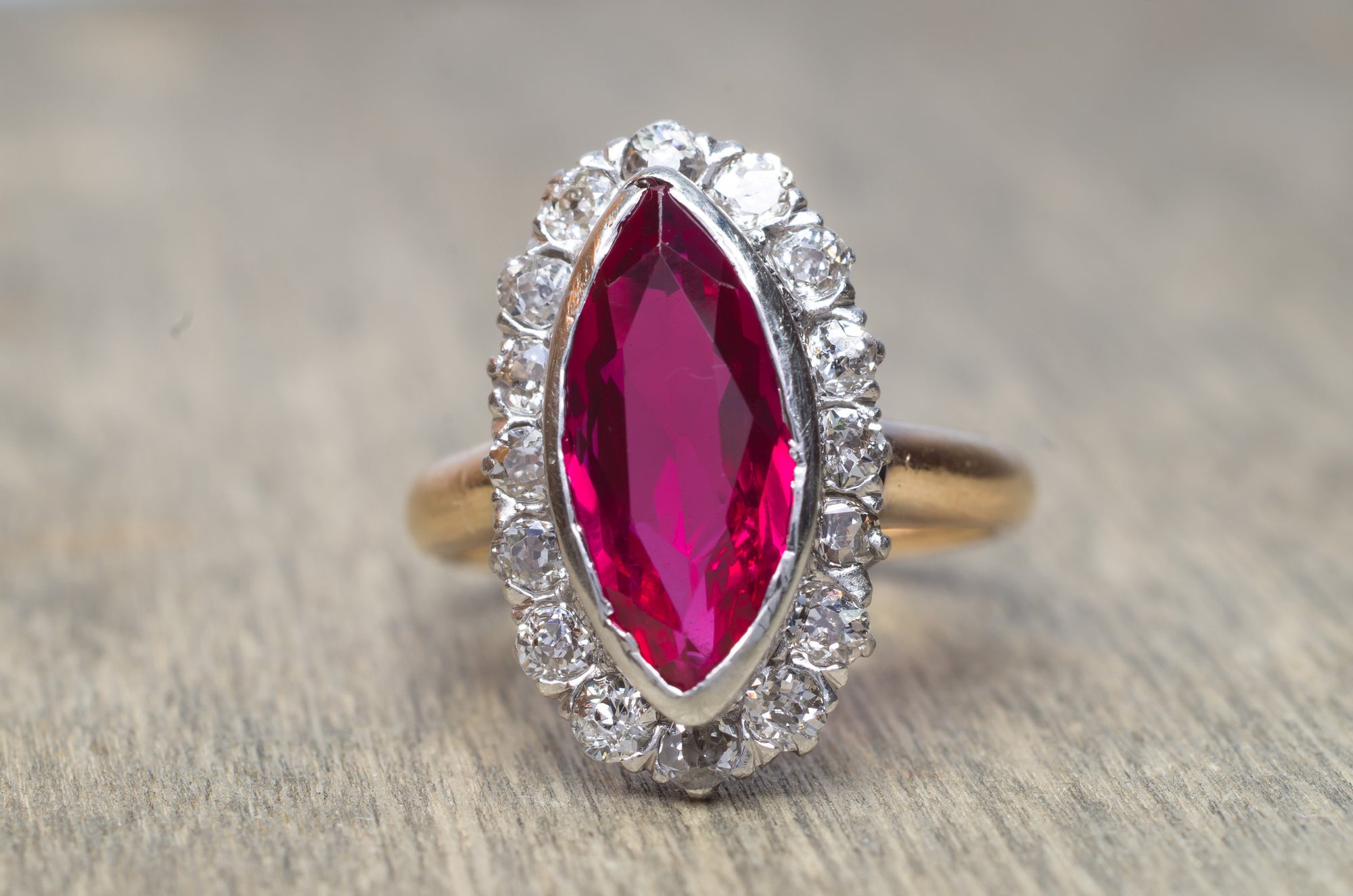 VINTAGE OLD MINE CUT HALO AND SYNTHETIC RUBY RING - SinCityFinds Jewelry