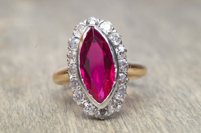VINTAGE OLD MINE CUT HALO AND SYNTHETIC RUBY RING - SinCityFinds Jewelry