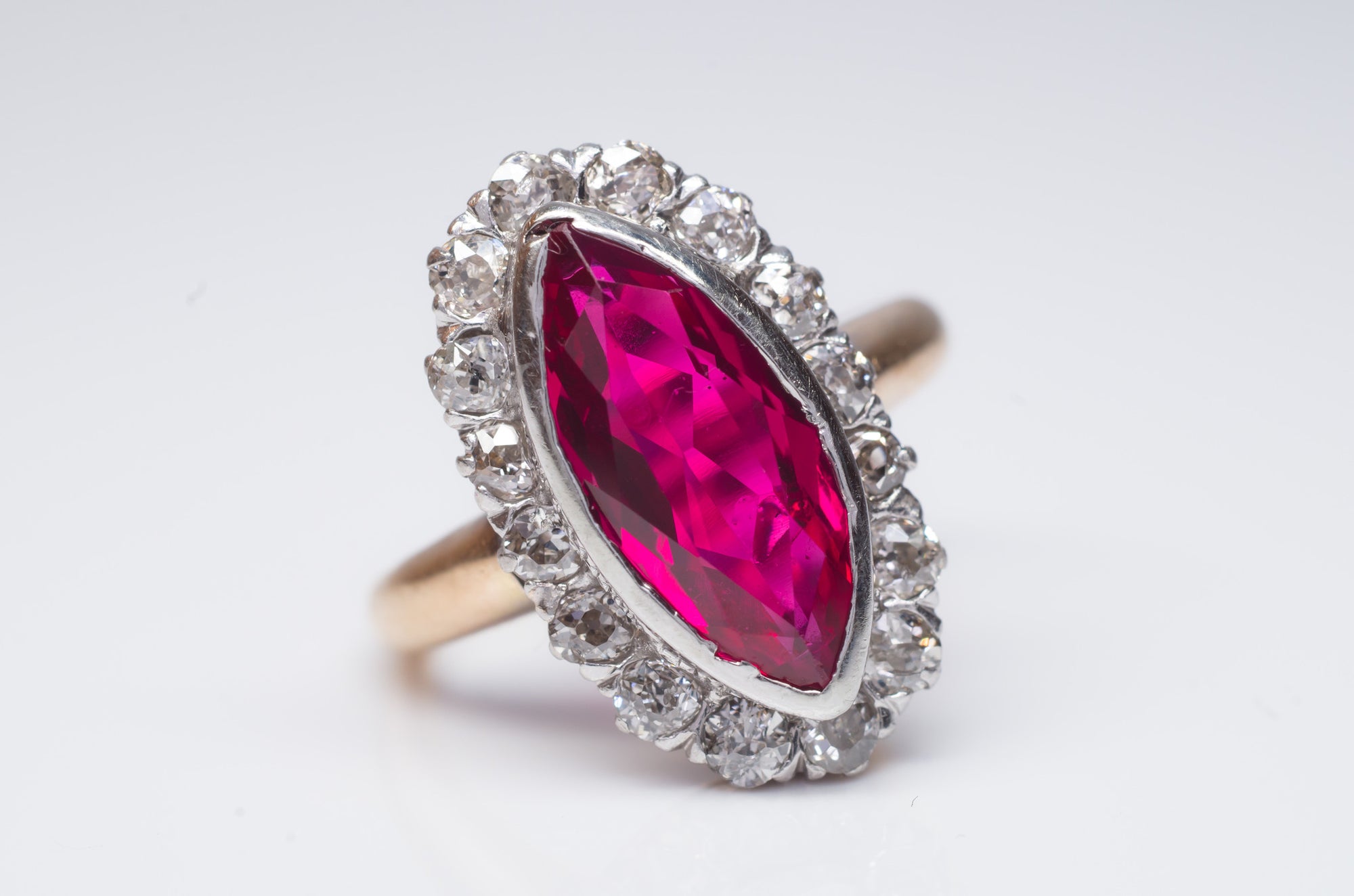 VINTAGE OLD MINE CUT HALO AND SYNTHETIC RUBY RING - SinCityFinds Jewelry