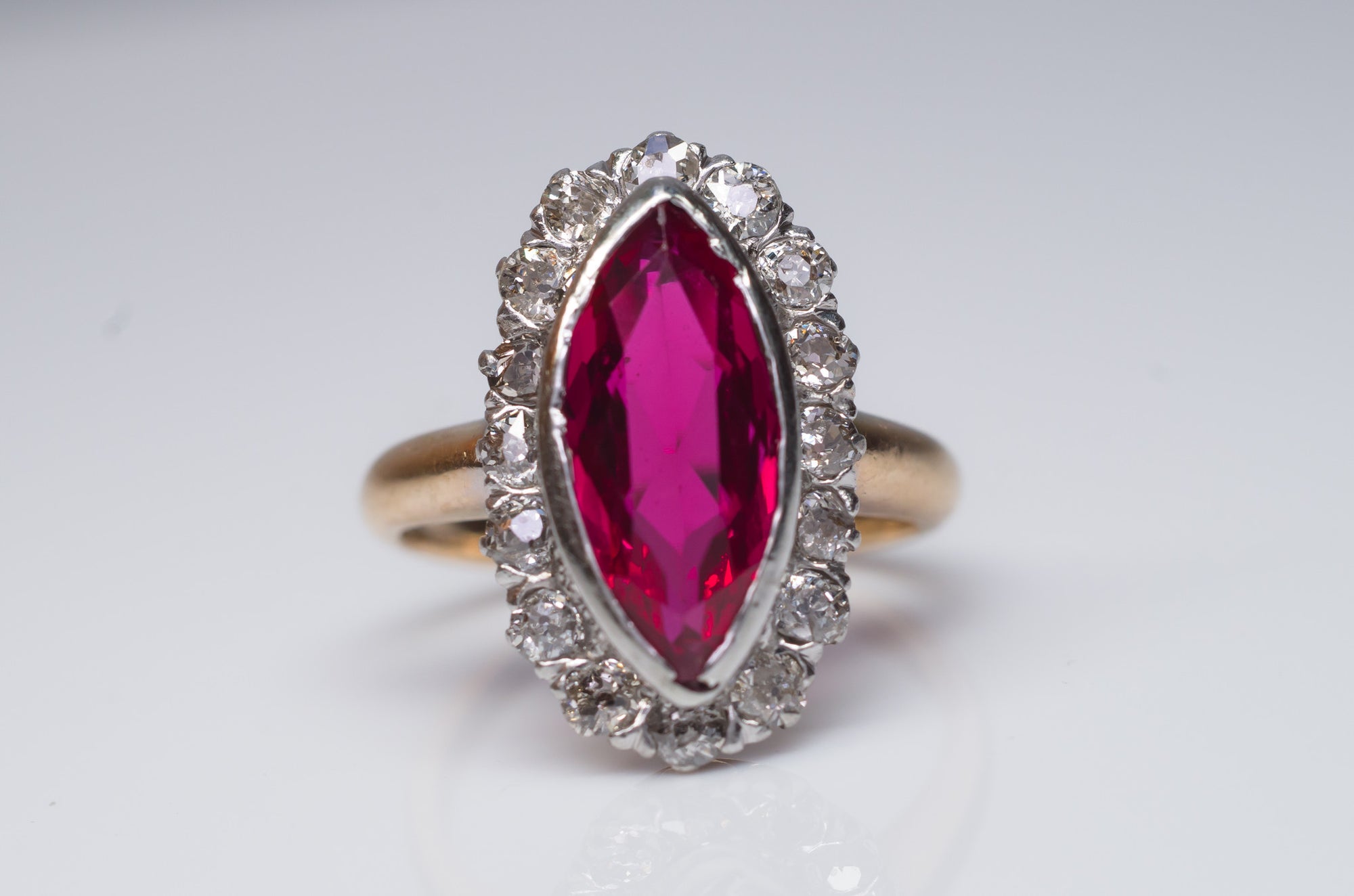 VINTAGE OLD MINE CUT HALO AND SYNTHETIC RUBY RING - SinCityFinds Jewelry