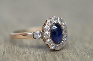 ANTIQUE OLD MINE CUT DIAMOND HALO AND SAPPHIRE RING - SinCityFinds Jewelry