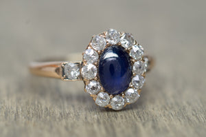 ANTIQUE OLD MINE CUT DIAMOND HALO AND SAPPHIRE RING - SinCityFinds Jewelry