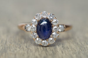 ANTIQUE OLD MINE CUT DIAMOND HALO AND SAPPHIRE RING - SinCityFinds Jewelry