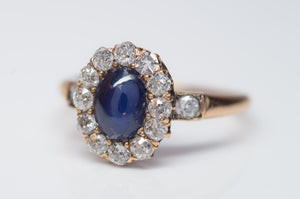 ANTIQUE OLD MINE CUT DIAMOND HALO AND SAPPHIRE RING - SinCityFinds Jewelry