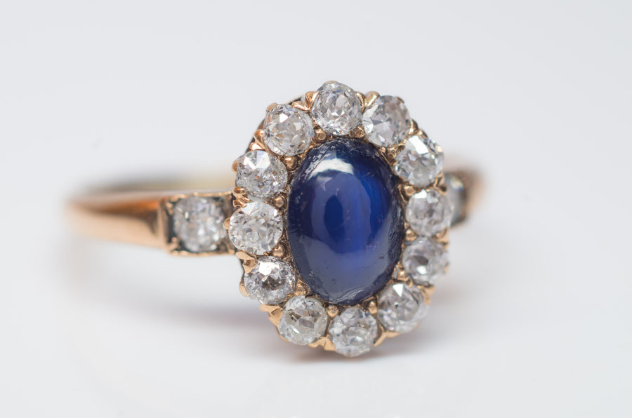 ANTIQUE OLD MINE CUT DIAMOND HALO AND SAPPHIRE RING - SinCityFinds Jewelry