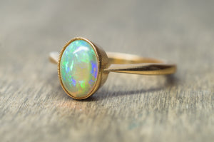 18K YELLOW GOLD AND BEZEL SET OPAL SOLITAIRE RING - SinCityFinds Jewelry