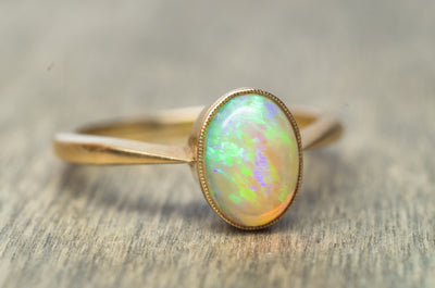 18K YELLOW GOLD AND BEZEL SET OPAL SOLITAIRE RING - SinCityFinds Jewelry