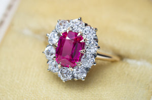 VINTAGE OLD EUROPEAN CUT DIAMOND HALO RING WITH SYNTHETIC  SAPPHIRE - SinCityFinds Jewelry