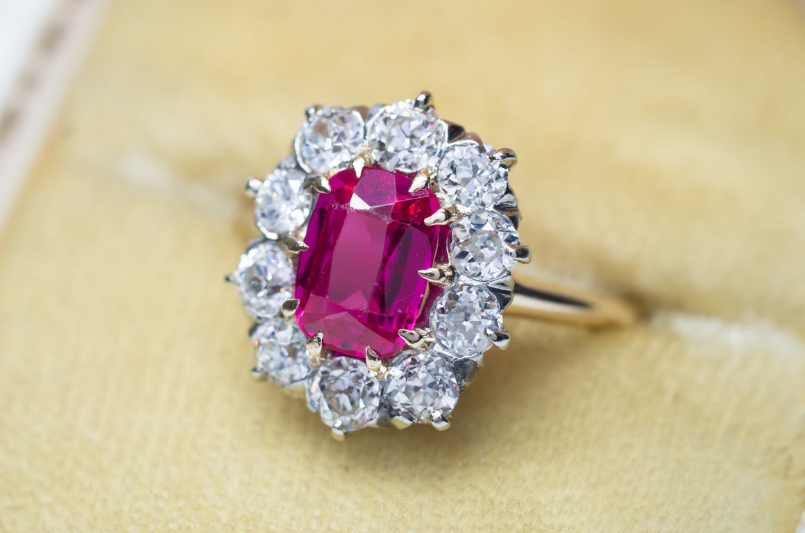 VINTAGE OLD EUROPEAN CUT DIAMOND HALO RING WITH SYNTHETIC  SAPPHIRE - SinCityFinds Jewelry