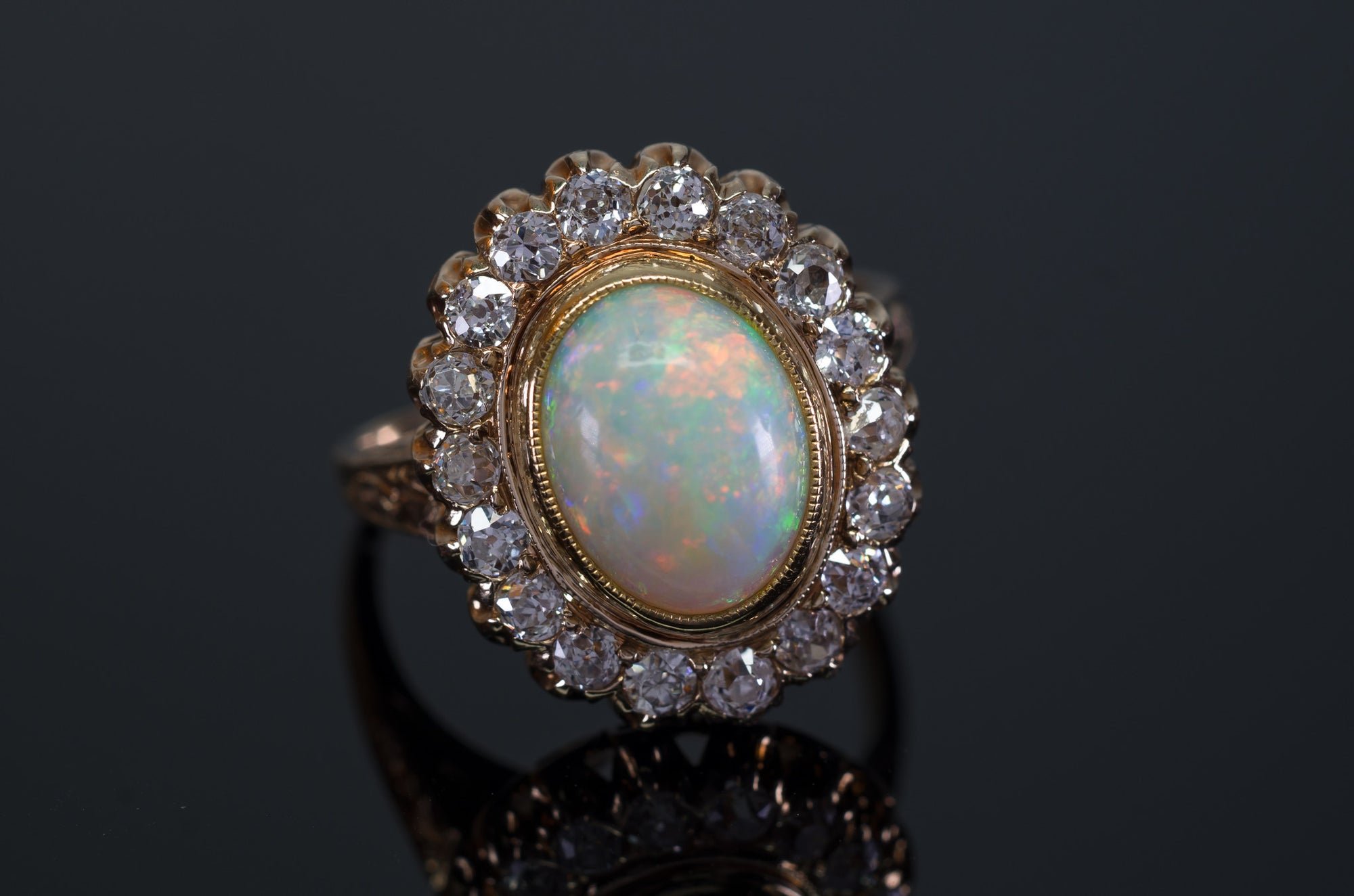 2.76CTW OPAL AND OLD MINE CUT DIAMOND COCKTAIL RING - SinCityFinds Jewelry