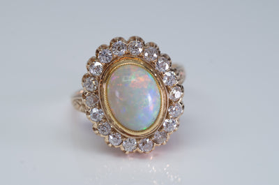 2.76CTW OPAL AND OLD MINE CUT DIAMOND COCKTAIL RING - SinCityFinds Jewelry