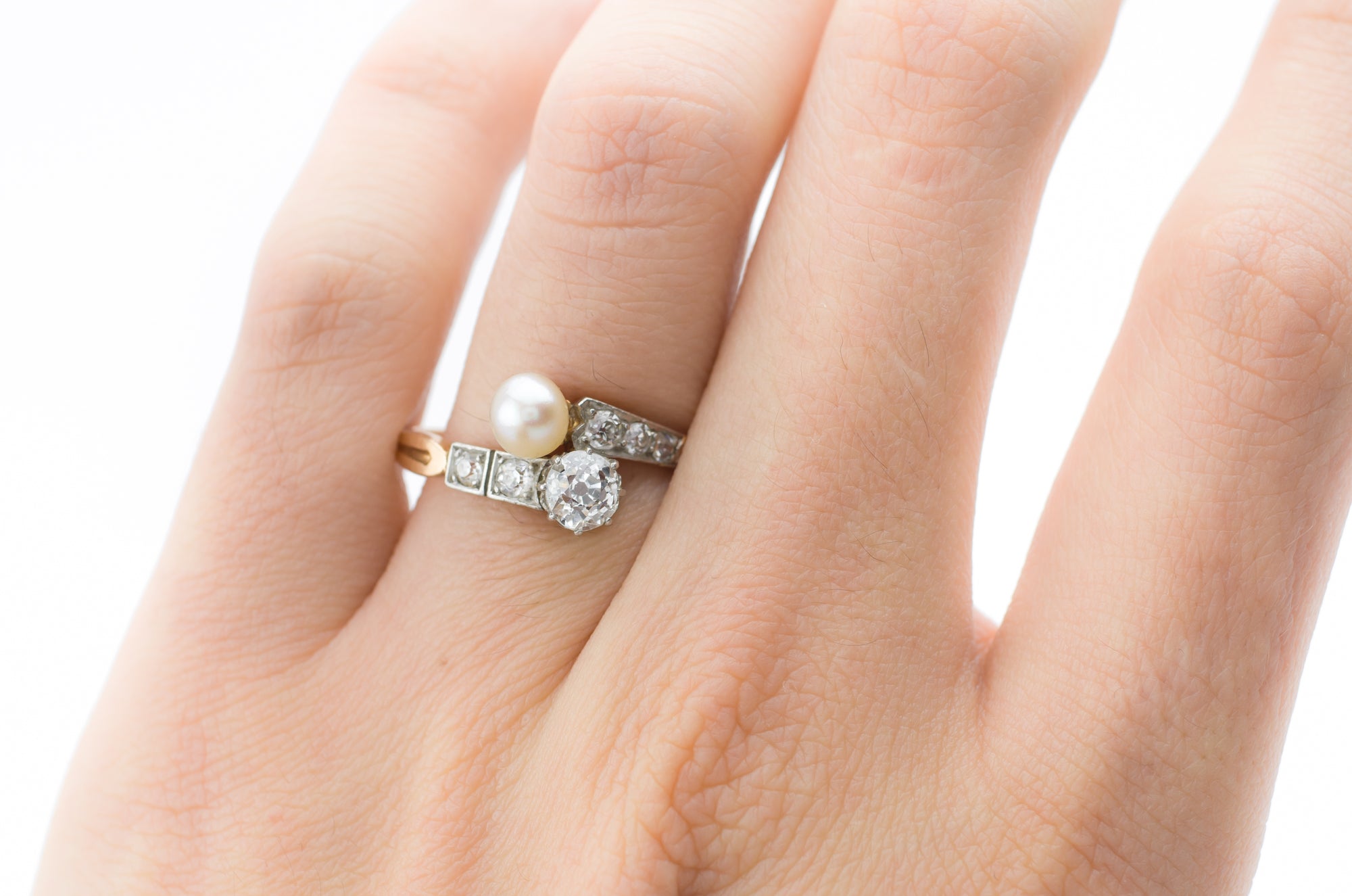 ANTIQUE PEARL AND MINE CUT DIAMOND TOI ET MOI - SinCityFinds Jewelry