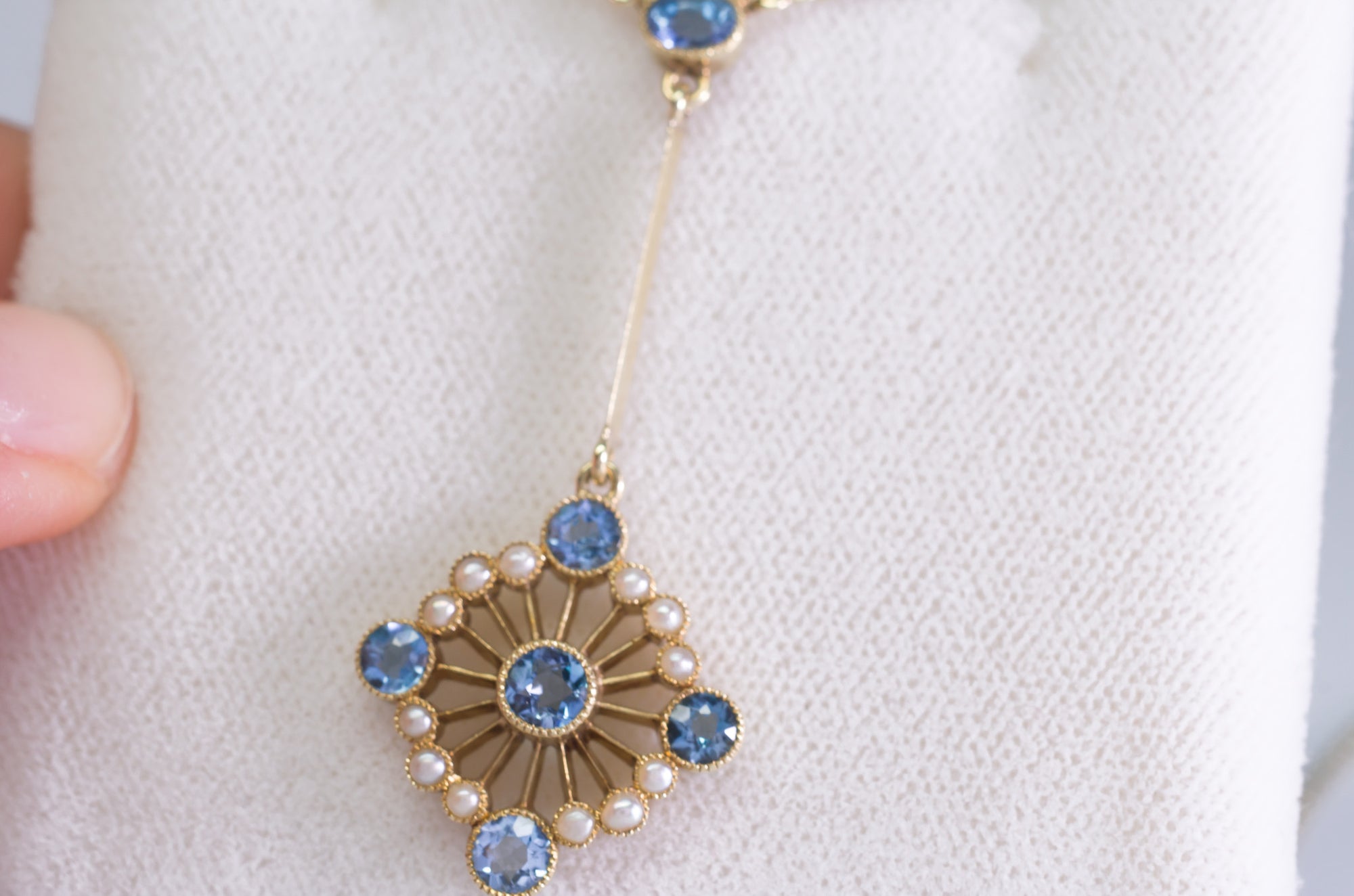 1CT AQUAMARINE AND SEED PEARL VICTORIAN / NOUVEAU 15K GOLD NECKLACE - SinCityFinds Jewelry
