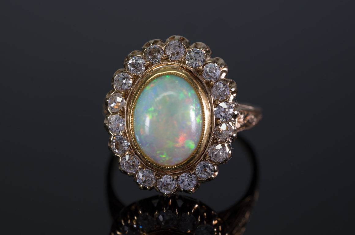 2.76CTW OPAL AND OLD MINE CUT DIAMOND COCKTAIL RING - SinCityFinds Jewelry