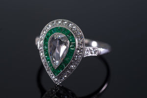 PEAR ROSE CUT DIAMOND AND FRENCH CUT EMERALD RING - SinCityFinds Jewelry