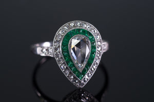 PEAR ROSE CUT DIAMOND AND FRENCH CUT EMERALD RING - SinCityFinds Jewelry