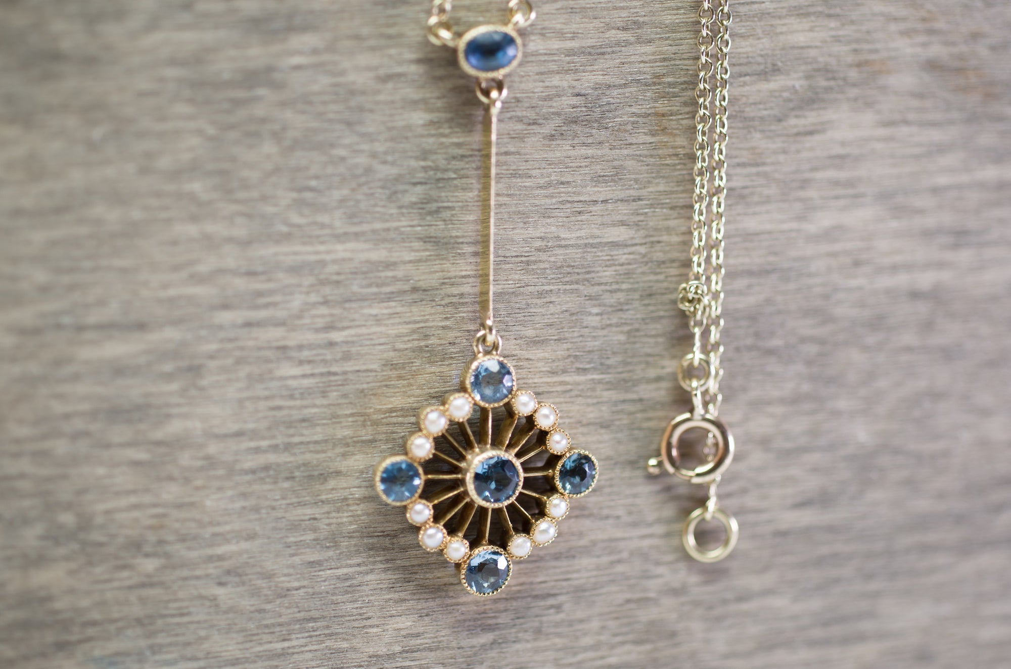 1CT AQUAMARINE AND SEED PEARL VICTORIAN / NOUVEAU 15K GOLD NECKLACE - SinCityFinds Jewelry