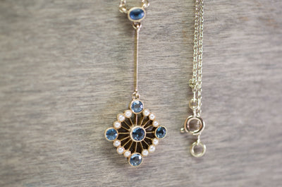 1CT AQUAMARINE AND SEED PEARL VICTORIAN / NOUVEAU 15K GOLD NECKLACE - SinCityFinds Jewelry