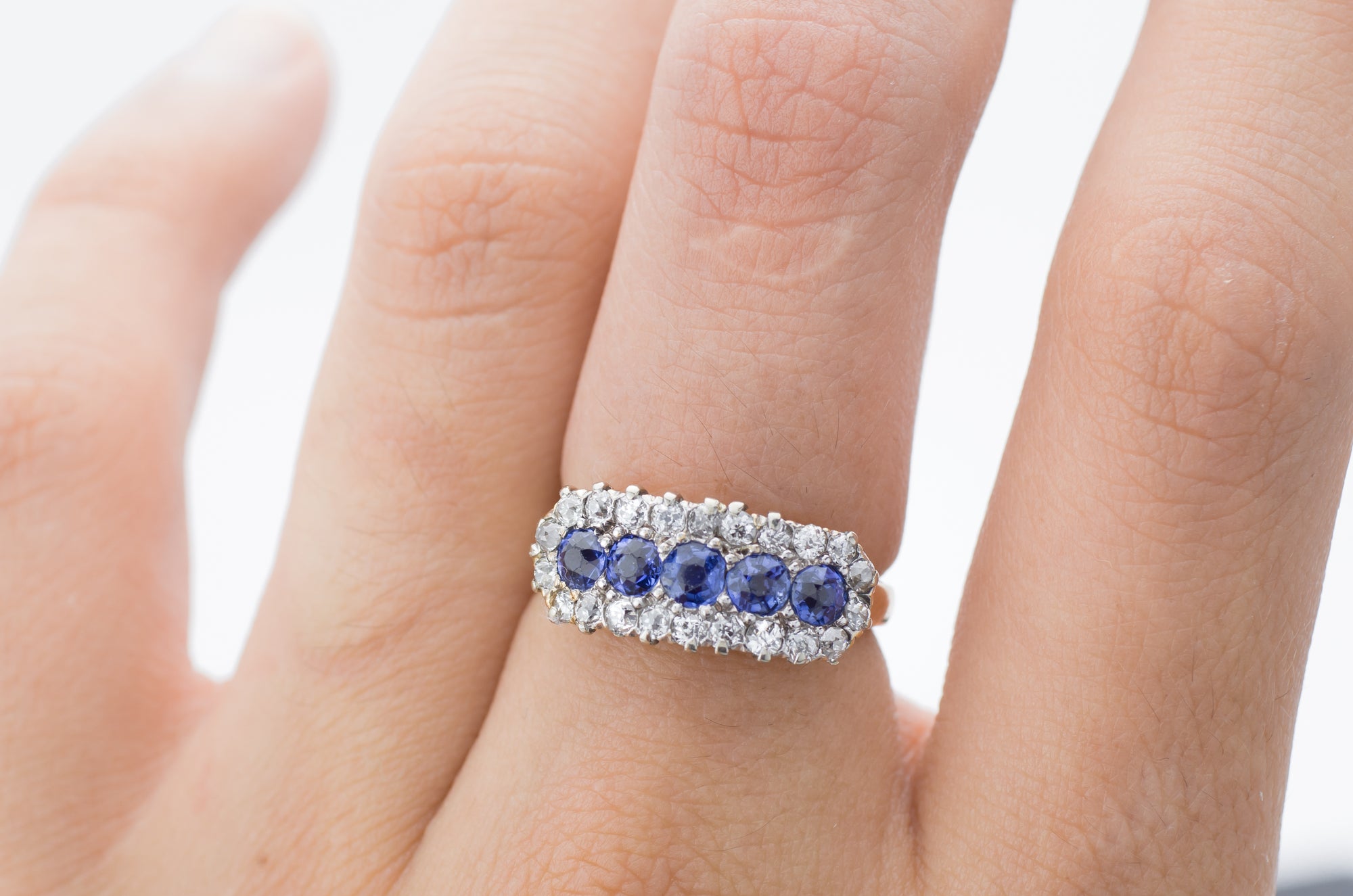 ANTIQUE SAPPHIRE AND OLD CUT DIAMOND FIVE STONE - SinCityFinds Jewelry