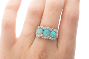 THREE STONE OPAL AND OLD MINE CUT HALO RING 3CTW - SinCityFinds Jewelry