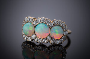 THREE STONE OPAL AND OLD MINE CUT HALO RING 3CTW - SinCityFinds Jewelry