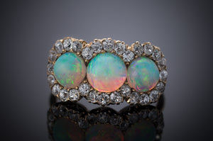 THREE STONE OPAL AND OLD MINE CUT HALO RING 3CTW - SinCityFinds Jewelry