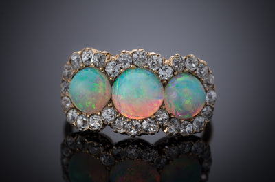 THREE STONE OPAL AND OLD MINE CUT HALO RING 3CTW - SinCityFinds Jewelry