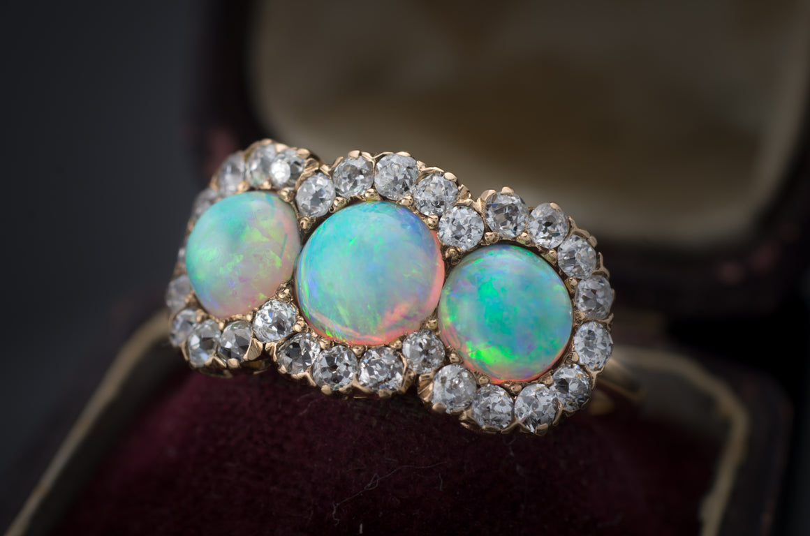 THREE STONE OPAL AND OLD MINE CUT HALO RING 3CTW - SinCityFinds Jewelry