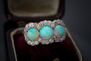 THREE STONE OPAL AND OLD MINE CUT HALO RING 3CTW - SinCityFinds Jewelry