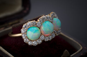 THREE STONE OPAL AND OLD MINE CUT HALO RING 3CTW - SinCityFinds Jewelry