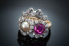 VICTORIAN TWIN HEARTS BURMA RUBY PEARL AND DIAMOND RING - SinCityFinds Jewelry