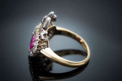 VICTORIAN TWIN HEARTS BURMA RUBY PEARL AND DIAMOND RING - SinCityFinds Jewelry
