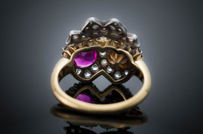 VICTORIAN TWIN HEARTS BURMA RUBY PEARL AND DIAMOND RING - SinCityFinds Jewelry