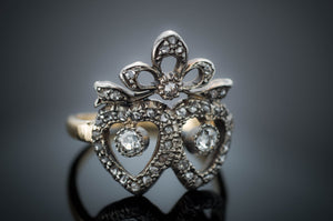 VICTORIAN ROSE AND MINE CUT DIAMOND TWIN HEARTS RING - SinCityFinds Jewelry