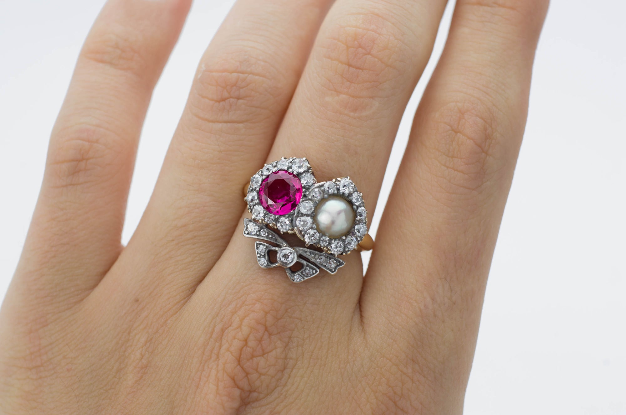 VICTORIAN TWIN HEARTS BURMA RUBY PEARL AND DIAMOND RING - SinCityFinds Jewelry