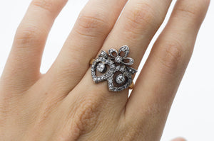 VICTORIAN ROSE AND MINE CUT DIAMOND TWIN HEARTS RING - SinCityFinds Jewelry