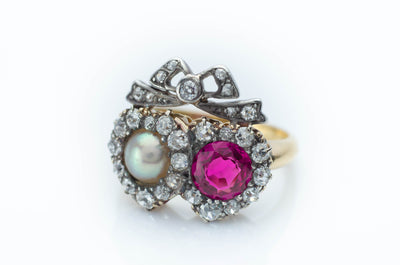 VICTORIAN TWIN HEARTS BURMA RUBY PEARL AND DIAMOND RING - SinCityFinds Jewelry