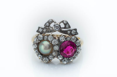 VICTORIAN TWIN HEARTS BURMA RUBY PEARL AND DIAMOND RING - SinCityFinds Jewelry